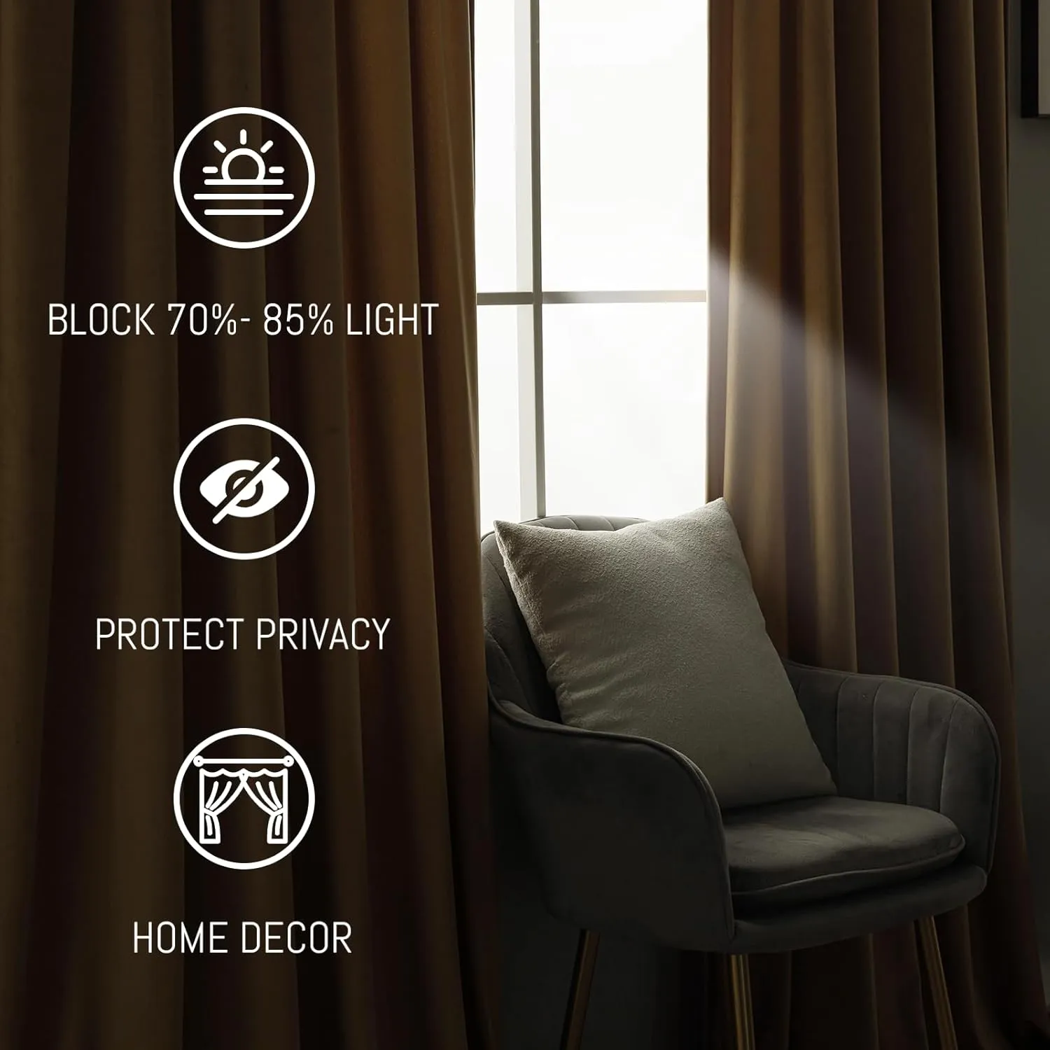 Yakamok Nursery Sunlight Velvet Curtains - Elegant Interior Decoration Large Window Blackout Velvet Drapes for Living Room, 52 x 96 Inches Long, Gold Brown, 2 Panels Rod Pocket