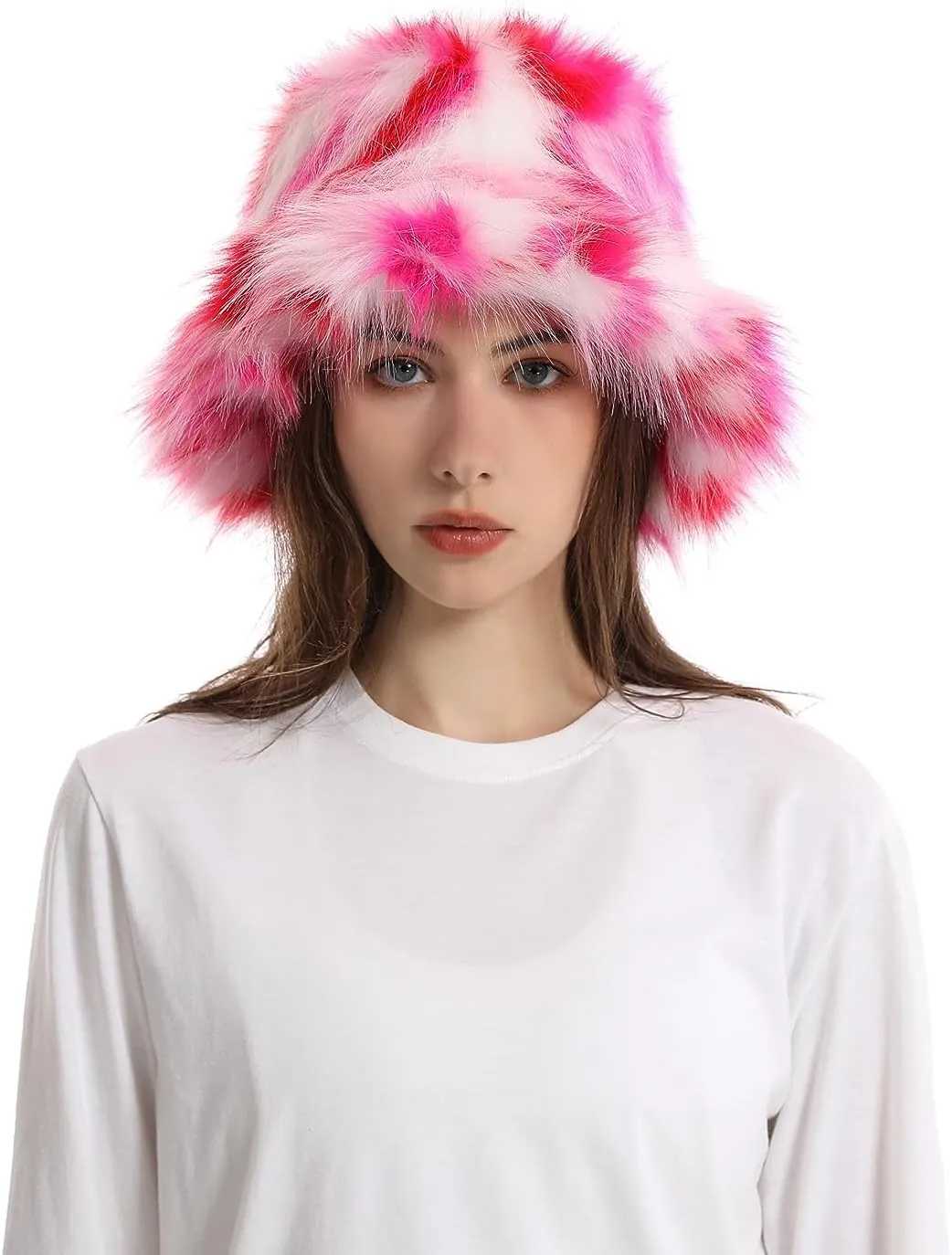 yamerbo Women Fuzzy Bucket Hat Winter Fluffy Furry Plush Faux Fur Hats Warm Plush Multicolored Bucket Hat