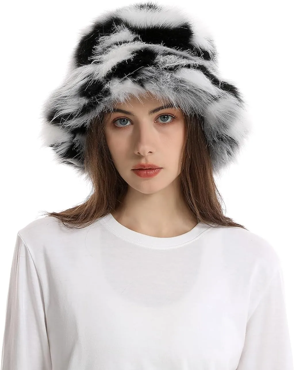 yamerbo Women Fuzzy Bucket Hat Winter Fluffy Furry Plush Faux Fur Hats Warm Plush Multicolored Bucket Hat