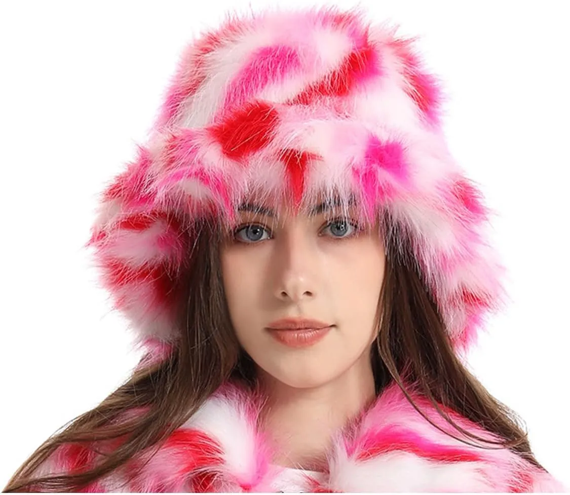 yamerbo Women Fuzzy Bucket Hat Winter Fluffy Furry Plush Faux Fur Hats Warm Plush Multicolored Bucket Hat