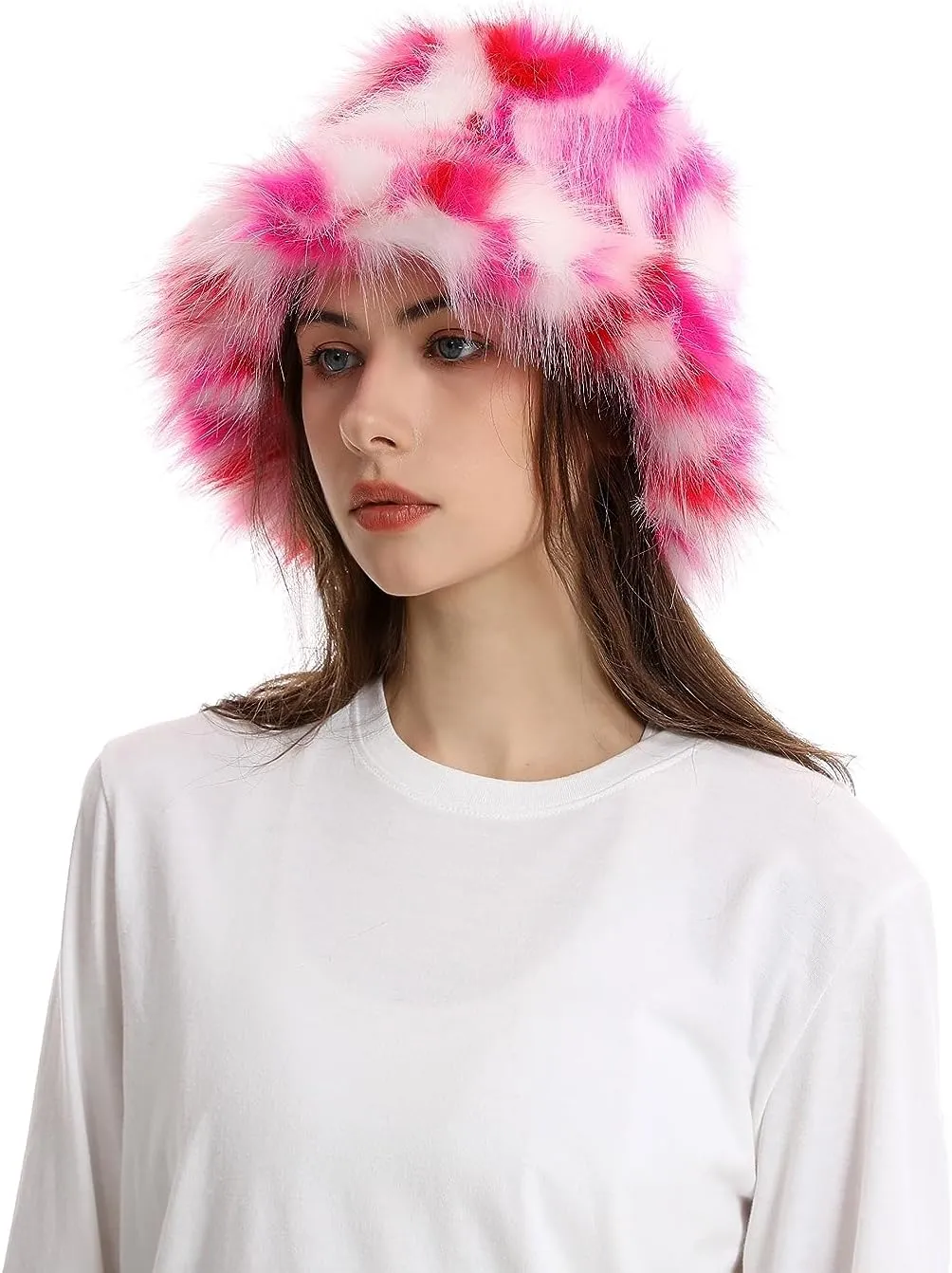yamerbo Women Fuzzy Bucket Hat Winter Fluffy Furry Plush Faux Fur Hats Warm Plush Multicolored Bucket Hat