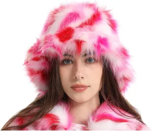 yamerbo Women Fuzzy Bucket Hat Winter Fluffy Furry Plush Faux Fur Hats Warm Plush Multicolored Bucket Hat