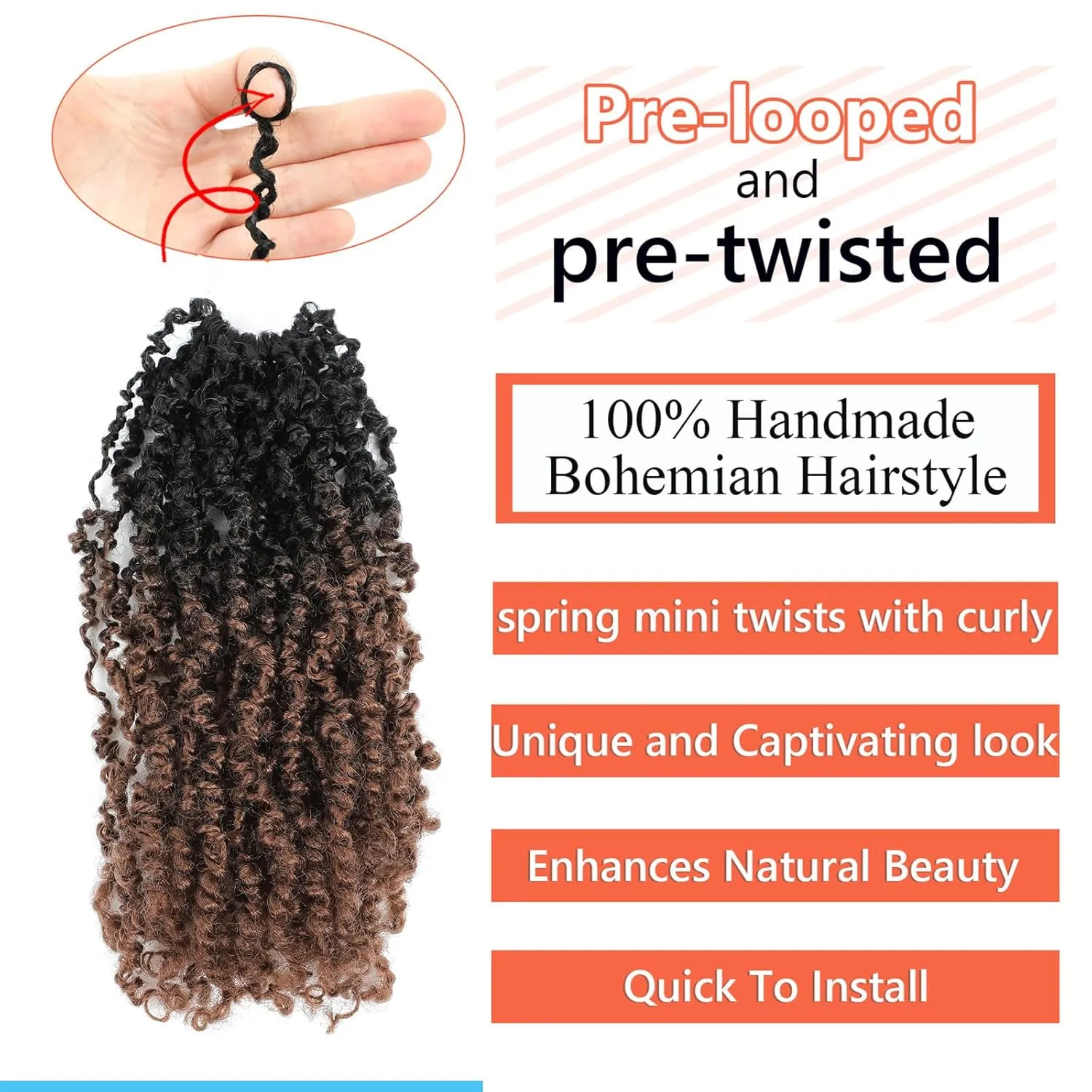 Yanky Twist Crochet Hair 12 Inch 8 Packs Yanky Passion Twist Hair Bohemian Yanky Twists Crochet Hair Pre Looped Pre-twisted Fluffy Mini Twist(1B/30)