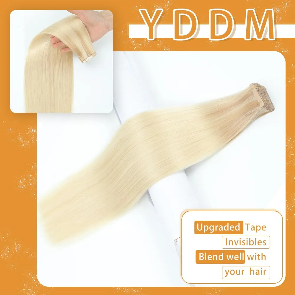YDDM Tape in Hair Extensions Human Hair, 20pcs 18 Inch 100% Remy Human Hair Straight Seamless Tape in Hair Extensions Balayage Ash Blonde Mixed Platinum Blonde(18/60/60#, 18 Inch)