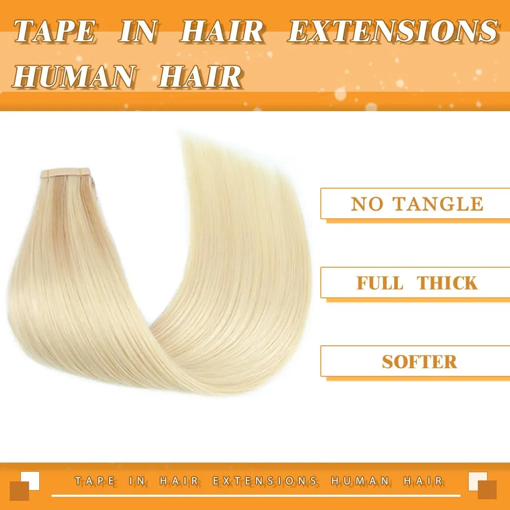 YDDM Tape in Hair Extensions Human Hair, 20pcs 18 Inch 100% Remy Human Hair Straight Seamless Tape in Hair Extensions Balayage Ash Blonde Mixed Platinum Blonde(18/60/60#, 18 Inch)