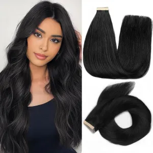 YDDM Tape in Hair Extensions Human Hair Jet Black, 14 Inch 20pcs 100% Remy Human Hair for Women Invisible Seamless Tape in Hair Extensions(1#,14 Inch)