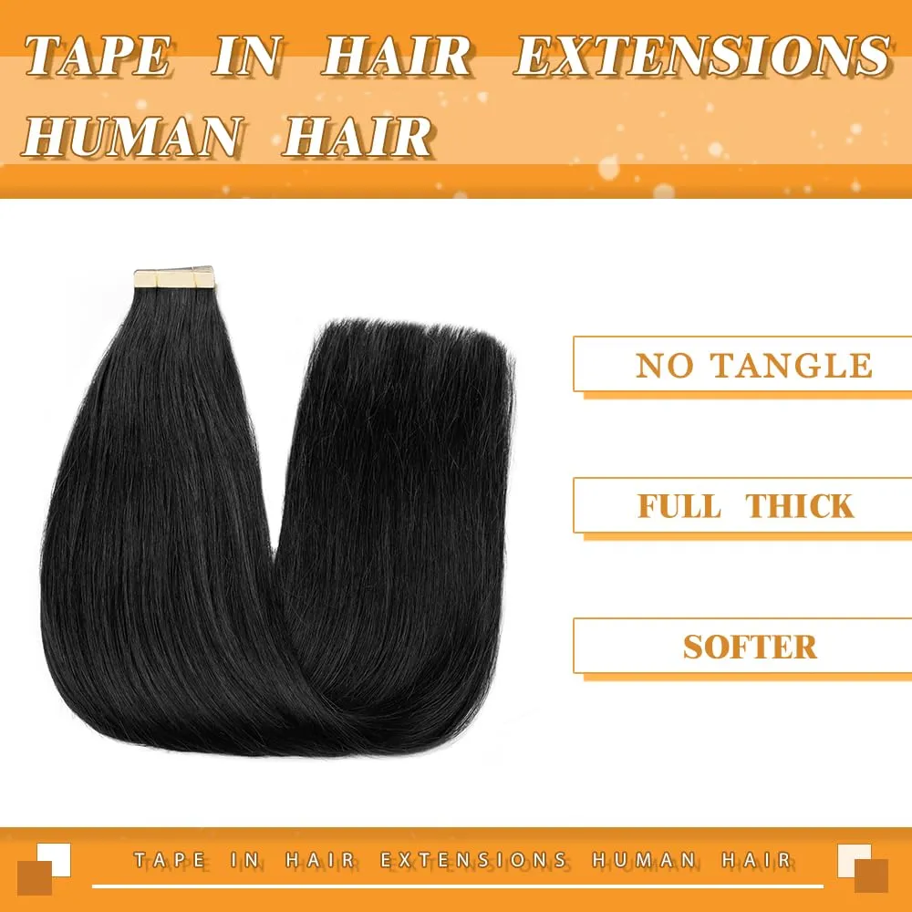 YDDM Tape in Hair Extensions Human Hair Jet Black, 14 Inch 20pcs 100% Remy Human Hair for Women Invisible Seamless Tape in Hair Extensions(1#,14 Inch)
