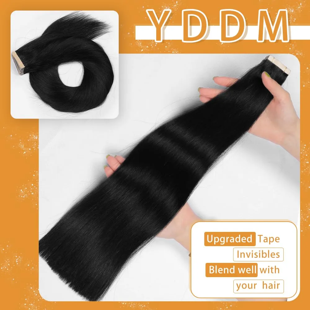 YDDM Tape in Hair Extensions Human Hair Jet Black, 14 Inch 20pcs 100% Remy Human Hair for Women Invisible Seamless Tape in Hair Extensions(1#,14 Inch)