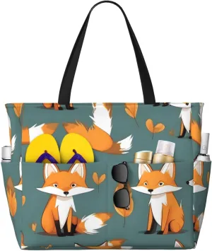 Yellow fox Print 28L Beach Tote Bag, Water-resistant Travel Tote, Lightweight Gym & Camping Carryall