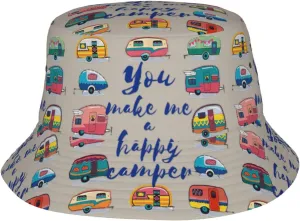 You Make Me Happy Camper Trailer Print Bucket Hat for Women Men, Summer Sun Beach Fishing Cap,Packable Fisherman Hat Black