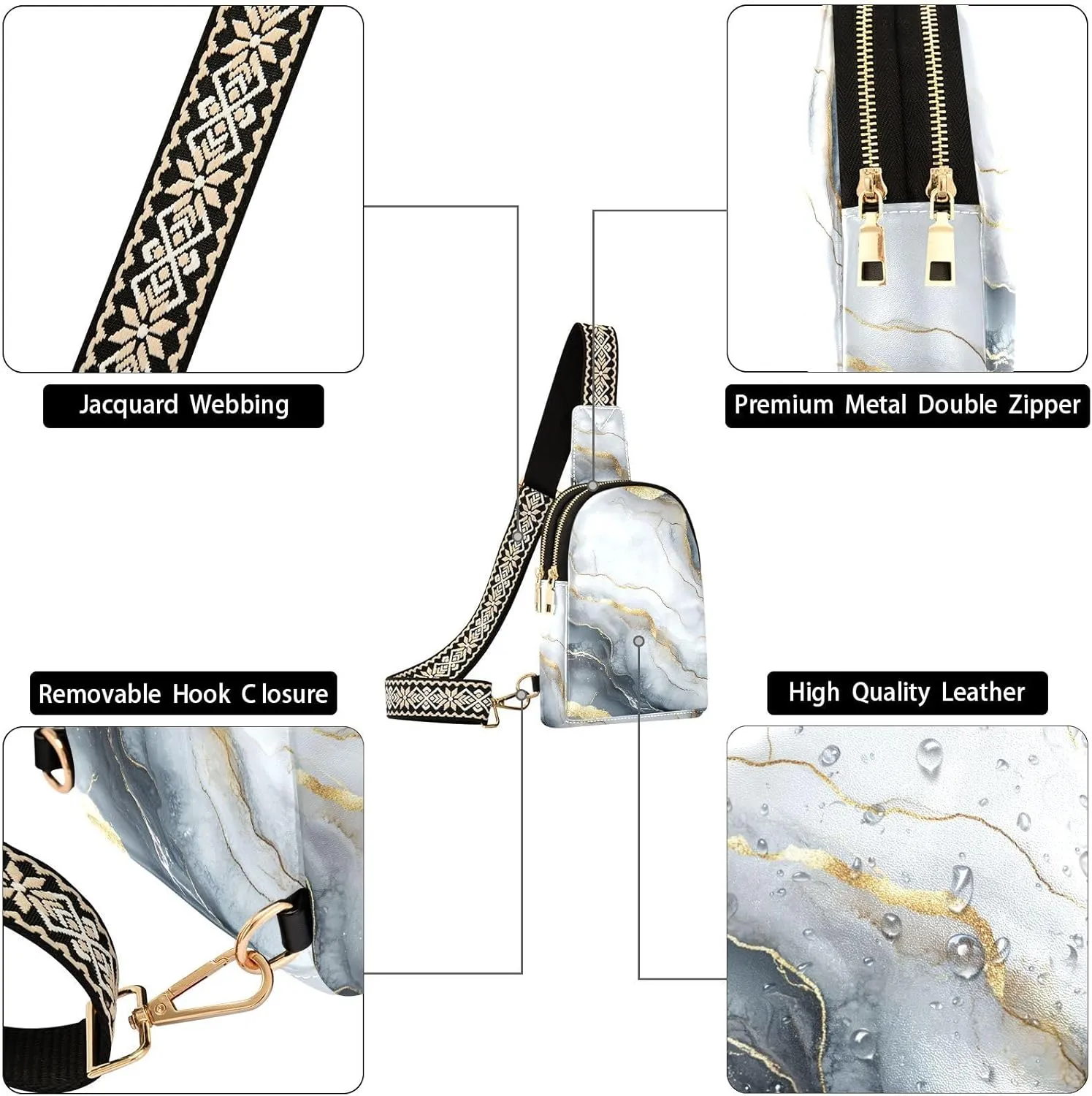 Yuiboo Trendy Marble Silver White Small Crossbody Bag Anti-Theft Bag for Women Crossbody for Travel