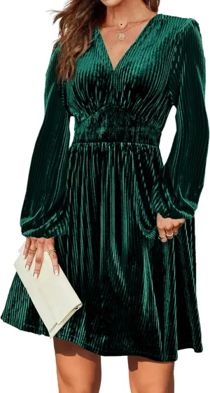 Zeagoo Womens Velvet Dress Sexy V-neck Long Sleeve Stretch Mini Party Cocktail Flared Dress