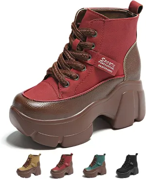 Zeberfi Women's Platform Heighten Leather Ankle Boots Retro British Style Velvet Lining Round-Toe Lace Up Casual Booties Fashion Lightweight Comfortable Mid Calf Thick Sole Combat Boot