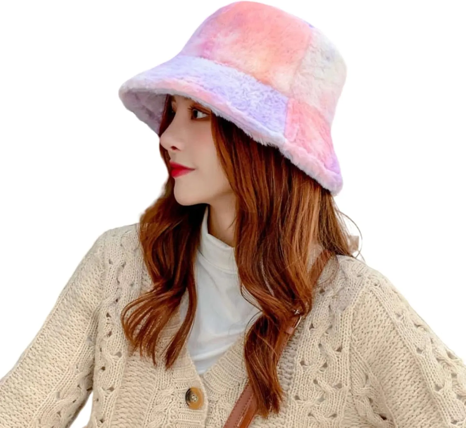 ZGMYC Women Girls Tie Dye Faux Fur Warm Bucket Hat Fuzzy Rainbow Winter Fisherman Cap