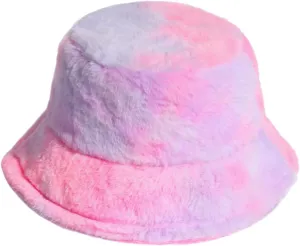 ZGMYC Women Girls Tie Dye Faux Fur Warm Bucket Hat Fuzzy Rainbow Winter Fisherman Cap