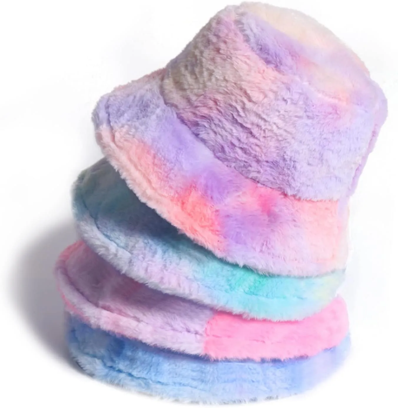 ZGMYC Women Girls Tie Dye Faux Fur Warm Bucket Hat Fuzzy Rainbow Winter Fisherman Cap