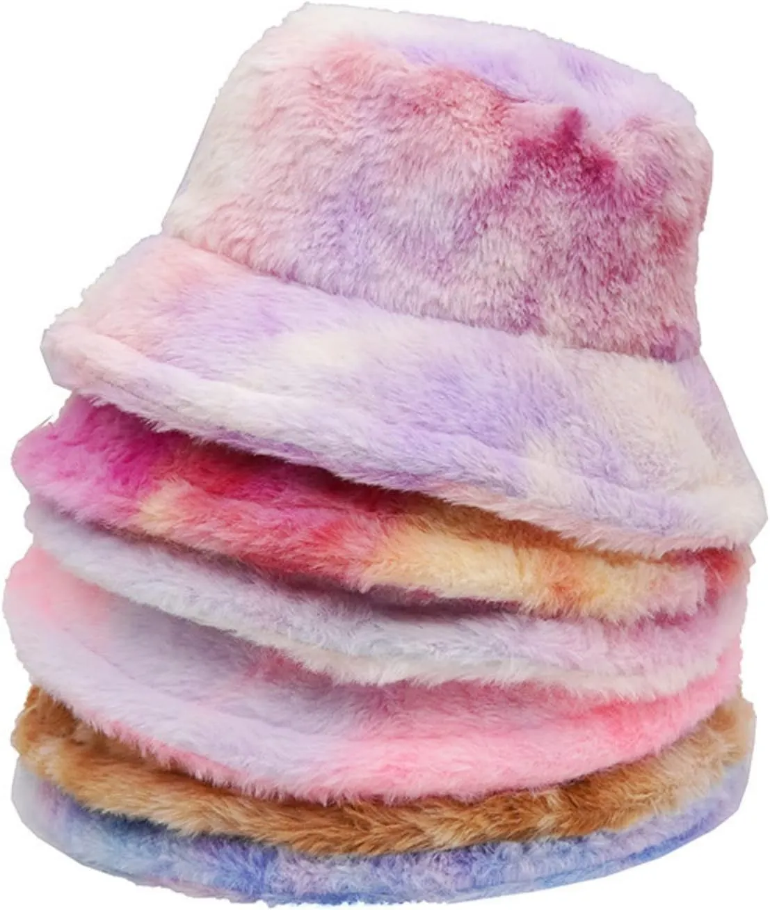 ZGMYC Women Girls Tie Dye Faux Fur Warm Bucket Hat Fuzzy Rainbow Winter Fisherman Cap